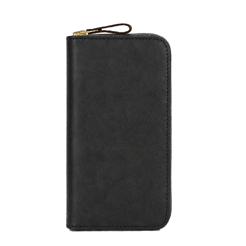 Full-Grain Tumbled Leather Long Zipper Wallet - Black