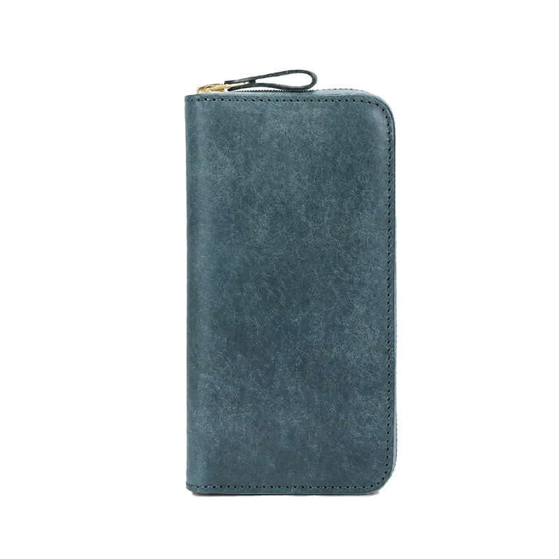 Full-Grain Tumbled Leather Long Zipper Wallet - Blue