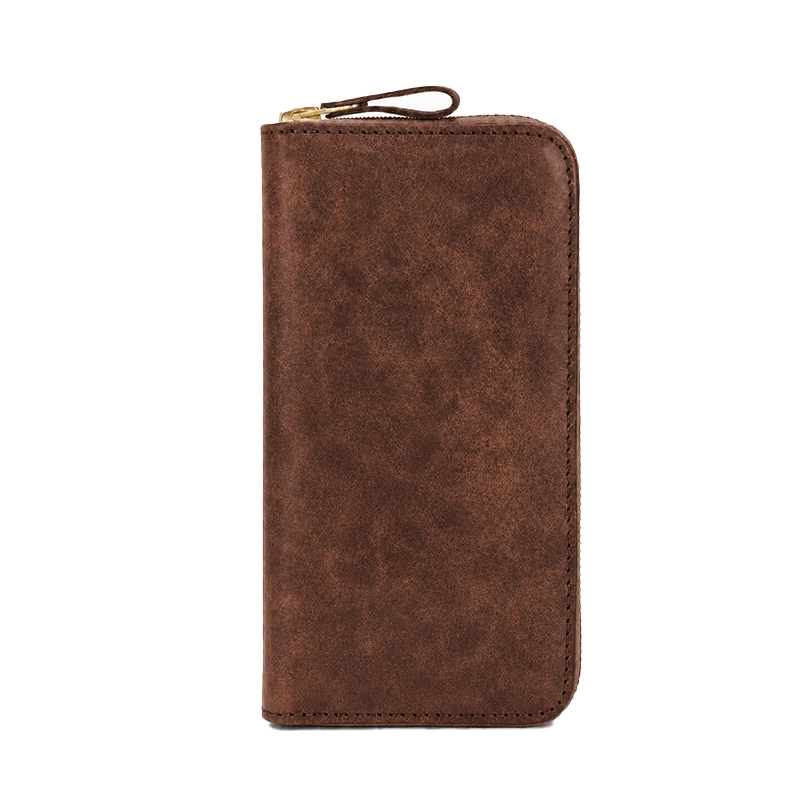 Full-Grain Tumbled Leather Long Zipper Wallet - Brown
