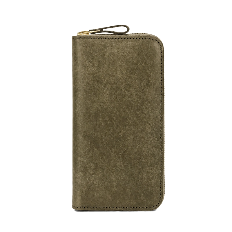 Full-Grain Tumbled Leather Long Zipper Wallet - Green