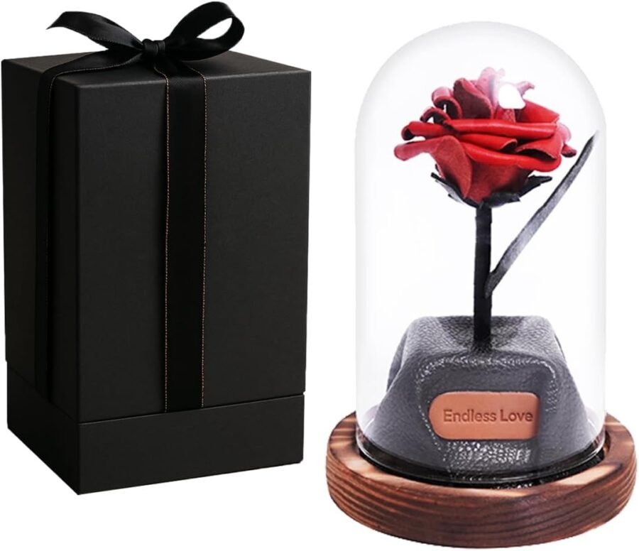Leather Rose in Glass Dome for 3rd Anniversary, Mother's Day & Valentine's Gifts-Red