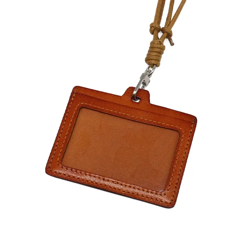 Personalized Horizontal Leather ID Card Holder with Lanyard - Light Brown