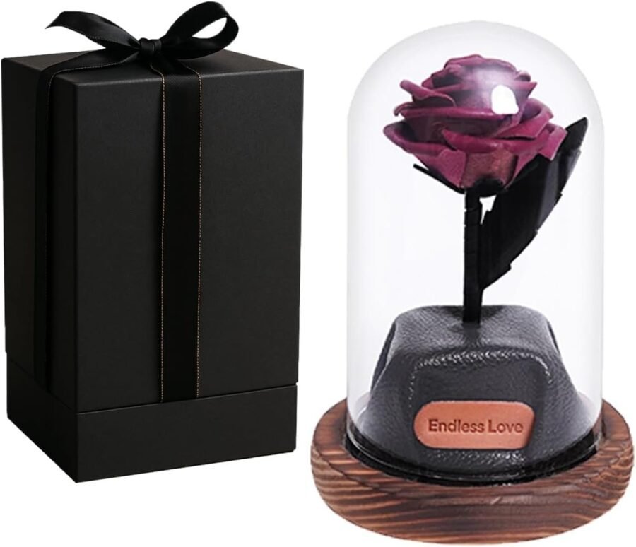 Leather Rose in Glass Dome for 3rd Anniversary, Mother's Day & Valentine's Gifts-Purple