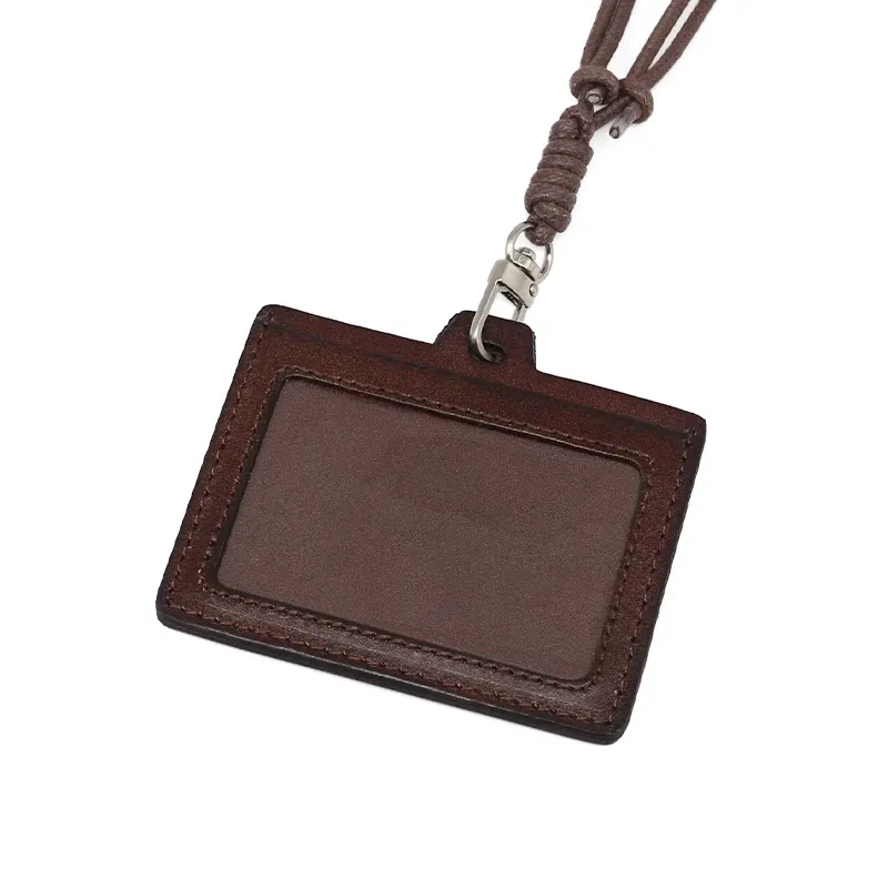 Personalized Horizontal Leather ID Card Holder with Lanyard -Brown