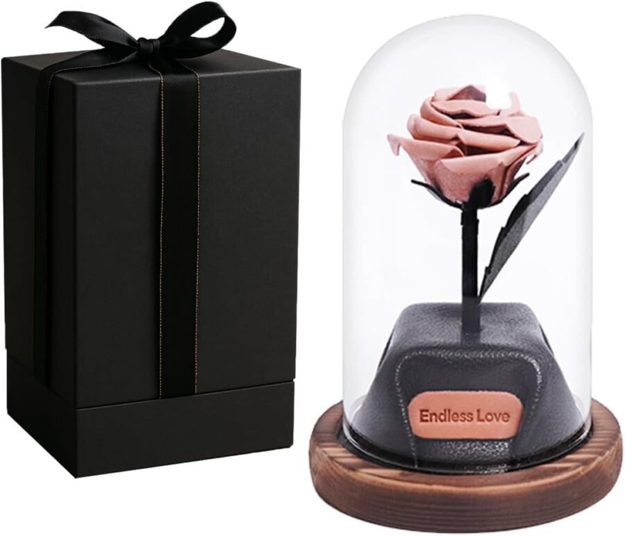 Leather Rose in Glass Dome for 3rd Anniversary, Mother's Day & Valentine's Gifts-Pink