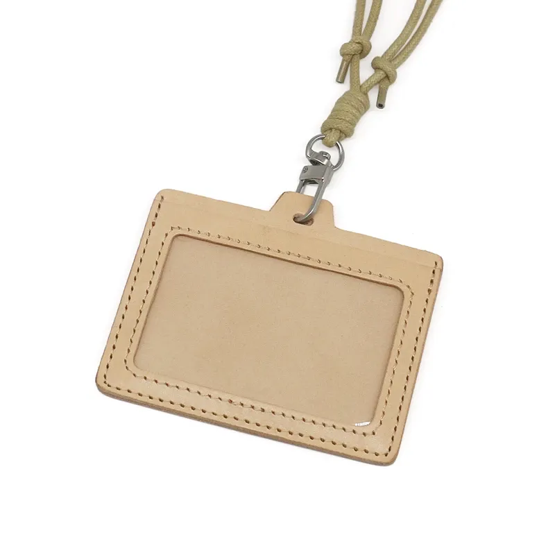 Personalized Horizontal Leather ID Card Holder with Lanyard -Natural