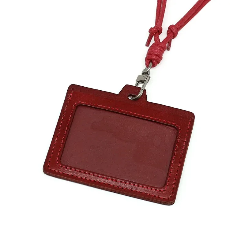 Personalized Horizontal Leather ID Card Holder with Lanyard -Red