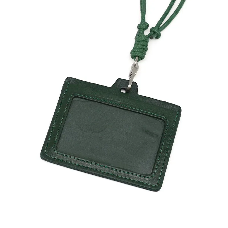 Personalized Horizontal Leather ID Card Holder with Lanyard -Green