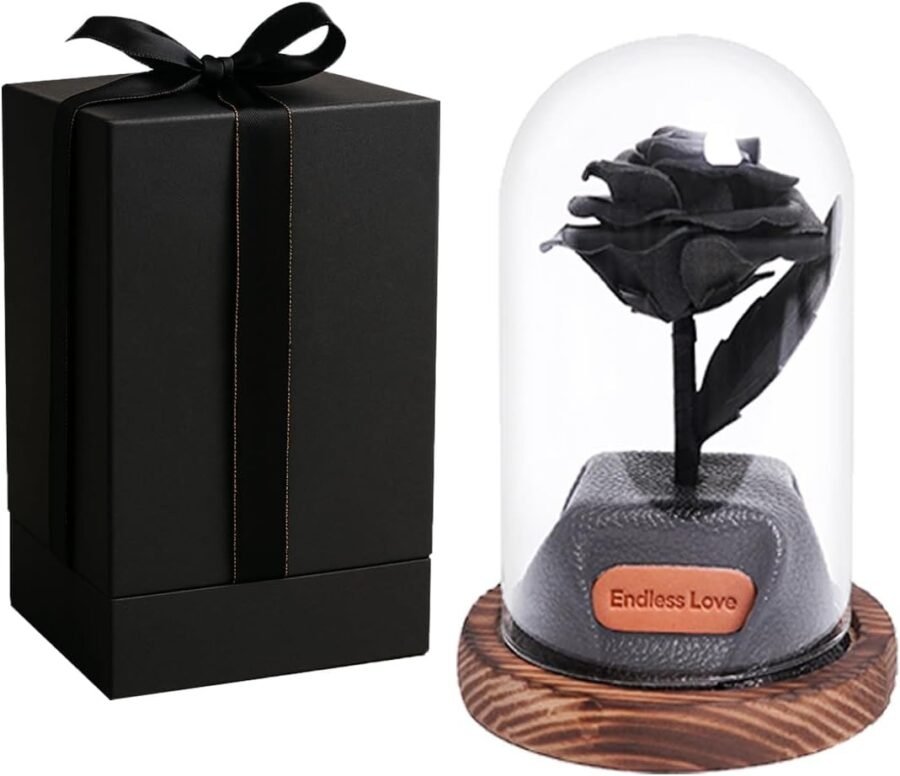 Leather Rose in Glass Dome for 3rd Anniversary, Mother's Day & Valentine's Gifts-Black