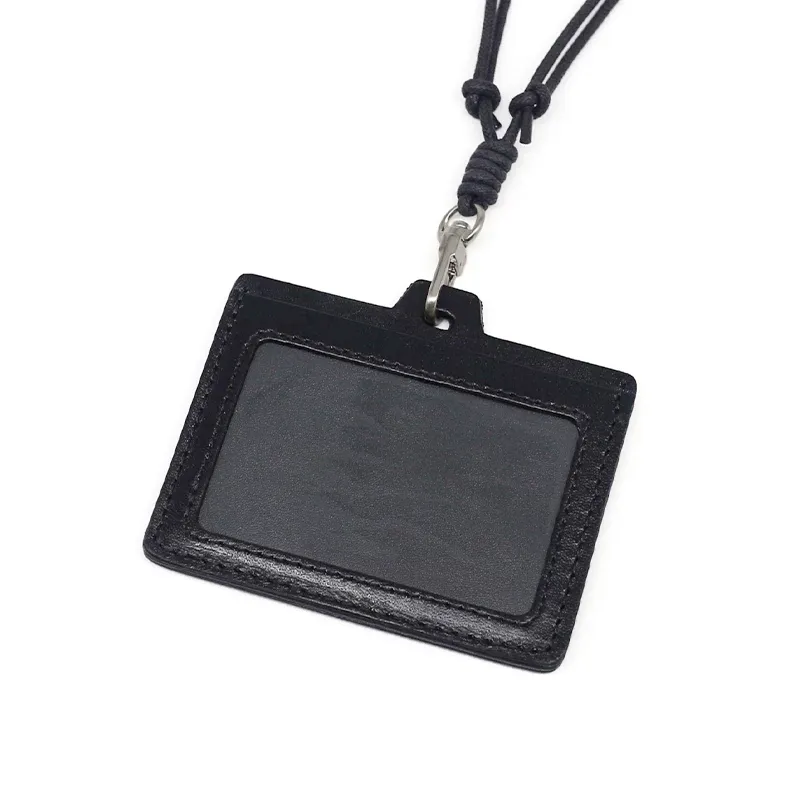 Personalized Horizontal Leather ID Card Holder with Lanyard -Black
