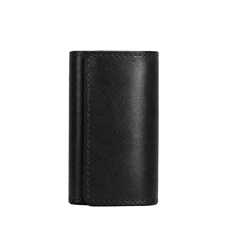 Full-Grain Tumbled Leather Trifold Key Holder with 6 Hooks-Black