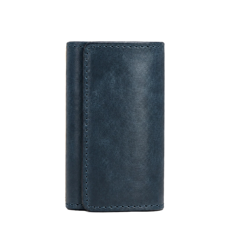 Full-Grain Tumbled Leather Trifold Key Holder with 6 Hooks-Blue