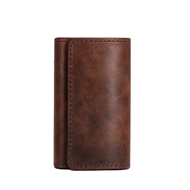 Full-Grain Tumbled Leather Trifold Key Holder with 6 Hooks-Brown