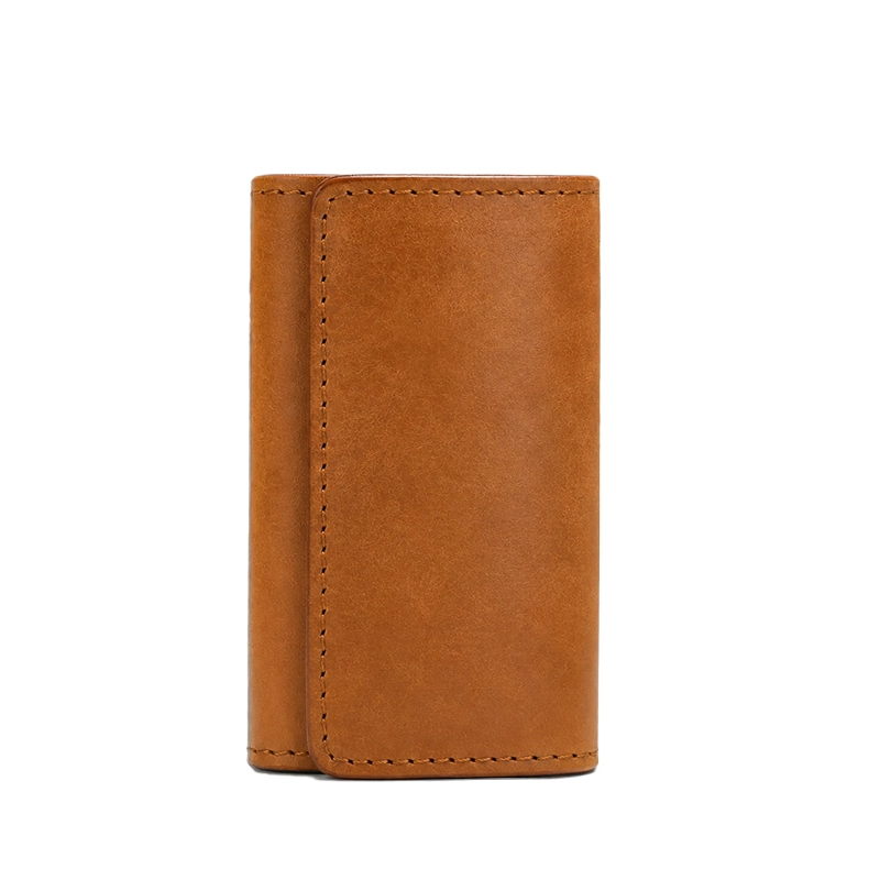 Full-Grain Tumbled Leather Trifold Key Holder with 6 Hooks-Light Brown