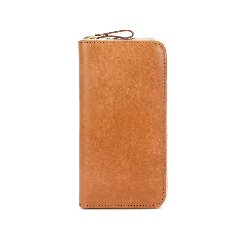 Full-Grain Tumbled Leather Long Zipper Wallet - Light Brown