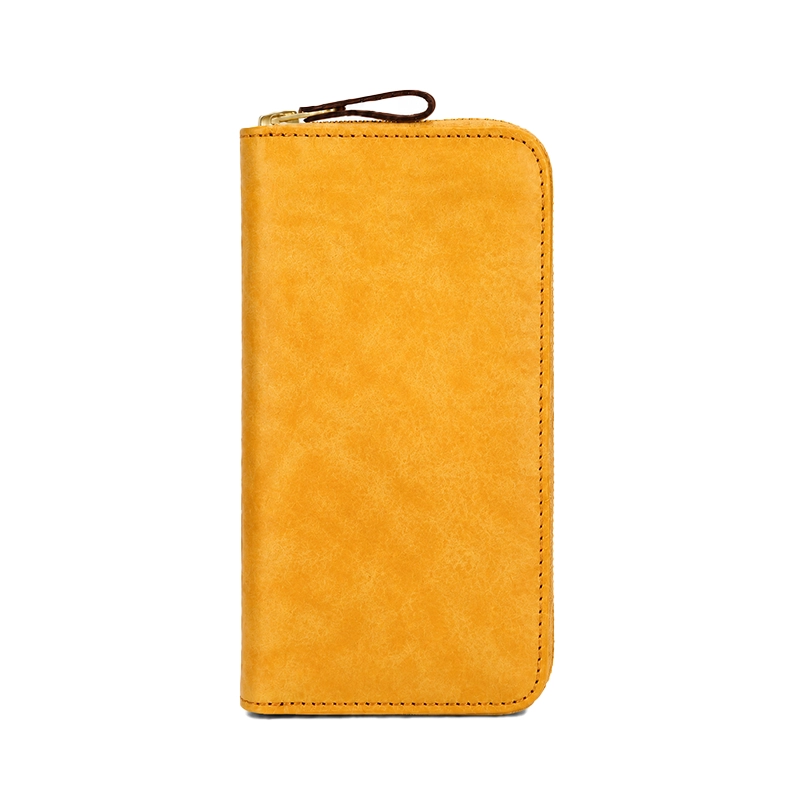 Full-Grain Tumbled Leather Long Zipper Wallet - Yellow